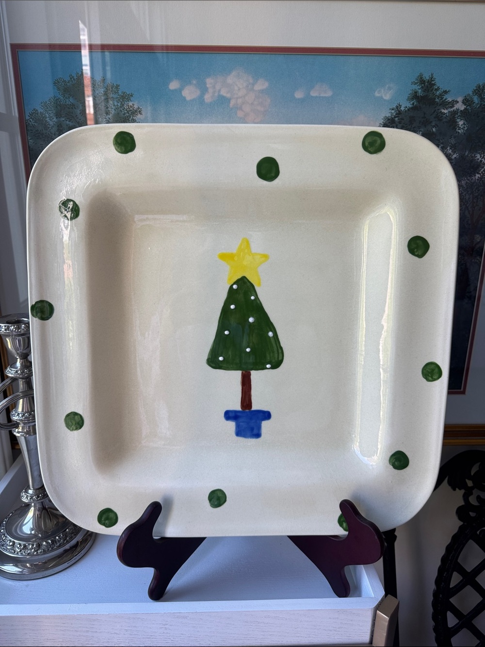 Hand-Painted Holiday Square Serving Platter with Green Tree Made in 🇮🇹 Italy